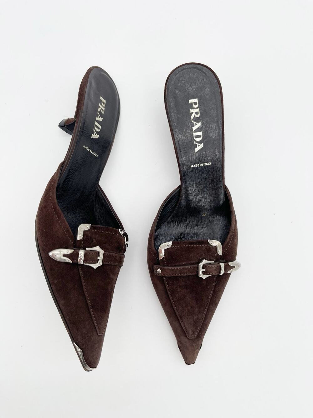 Prada Retro Vintage Y2K Brown Suede Western Buckle Kitten Heel Mules IT 35